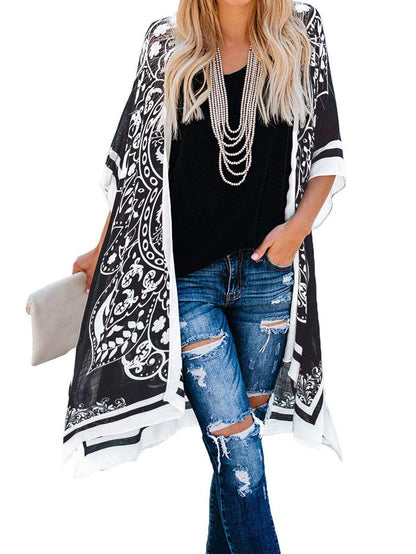 Spring Summer Printed Sun Protection Beach Kimono Cardigan Blouse top Women