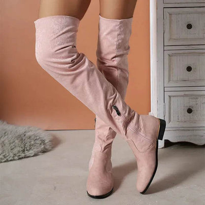 Bottes cuissardes pour femmes en suède avec coutures, talons bas, longues bottes avec fermeture éclair latérale, chaussures de fête hivernales
