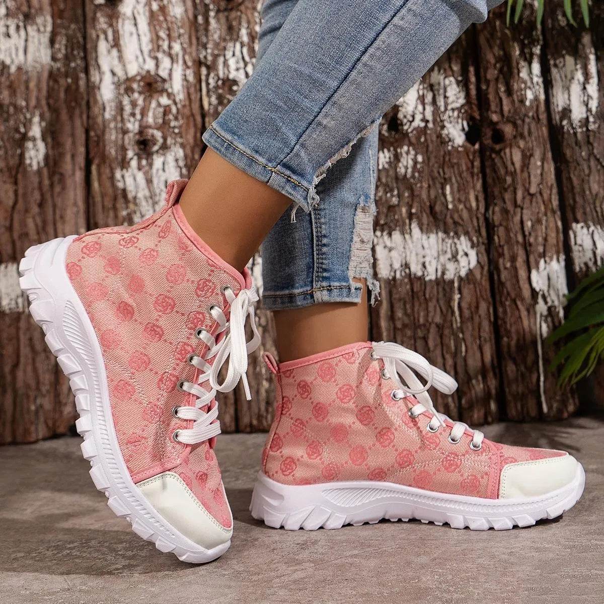 Bottes à lacets imprimé rose, chaussures en toile respirantes à la mode, bottines courtes décontractées antidérapantes à semelle épaisse pour femmes
