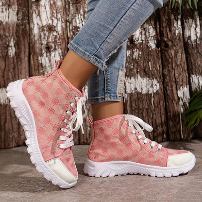 Bottes à lacets imprimé rose, chaussures en toile respirantes à la mode, bottines courtes décontractées antidérapantes à semelle épaisse pour femmes