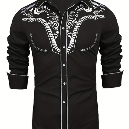 Western Cowboy Chic Long Sleeve Embroidered Shirt - Soft Cotton Blend, Elegant Design, Casual Style for Spring Fall Vacation Resort Wear - Men's Shirt for Outdoor Activities, Travel, and Leisure