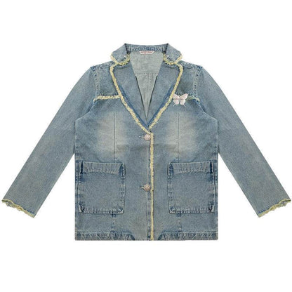 Loose Denim Jacket Polo Collar Single-Breasted Design