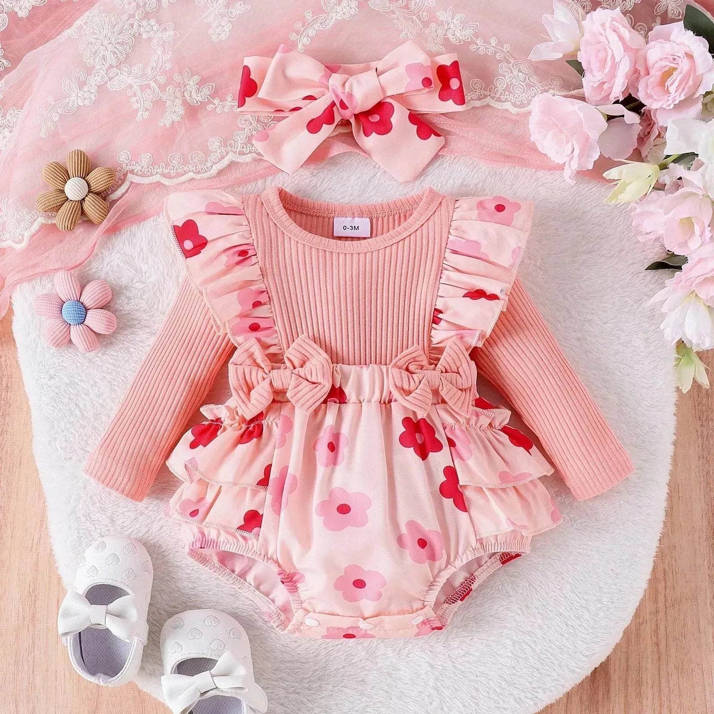One-piece Romper Pants Bow Headdress Suit Baby girl casual pink romper with head bowtie
