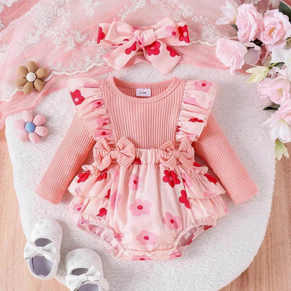 One-piece Romper Pants Bow Headdress Suit Baby girl casual pink romper with head bowtie