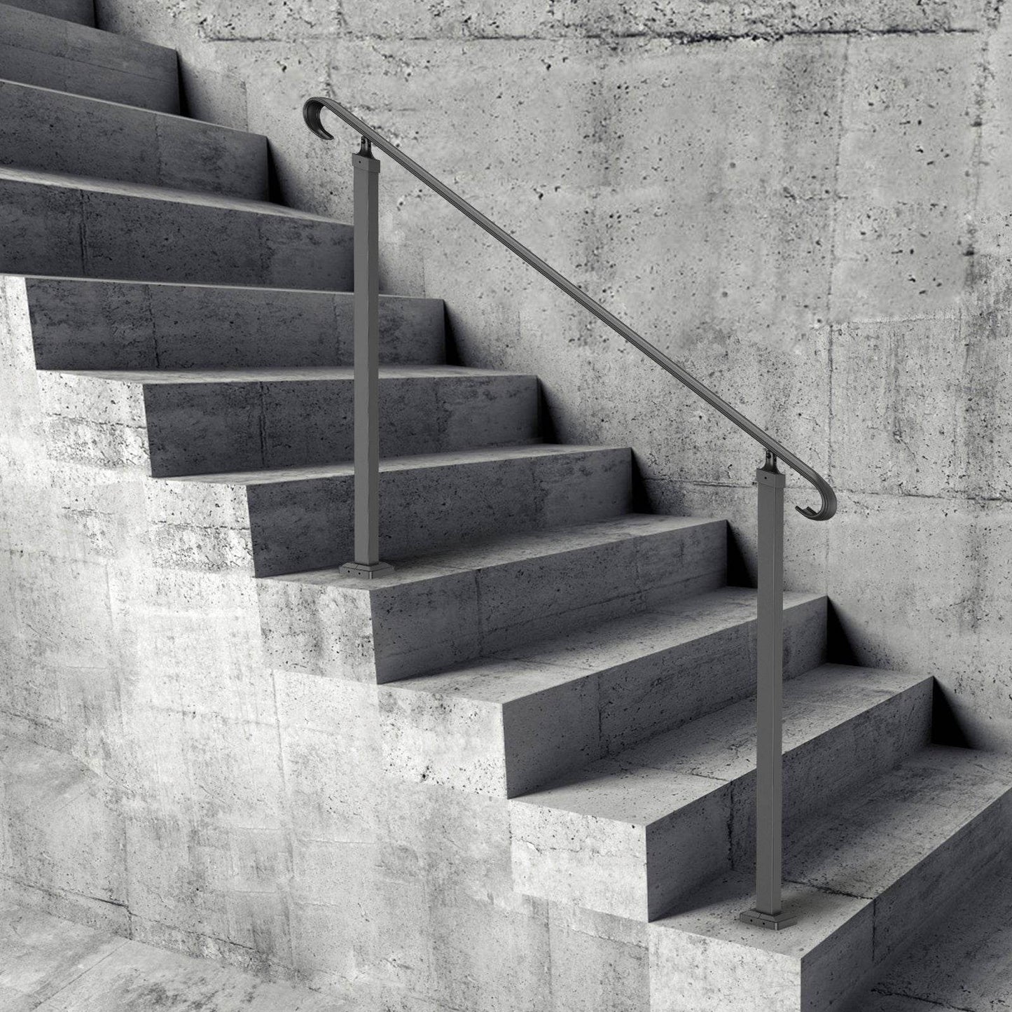 Handrails For Outdoor Steps, Fit 3-5 Steps Outdoor Stair Railing, Wrought Iron Handrail, Flexible Front Porch Hand Rail, Black Transitional Hand Railings For Concrete Steps Or Wooden Stairs