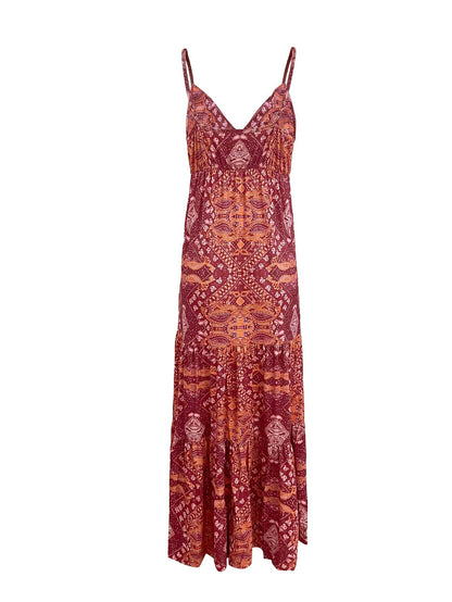 Women's Summer Boho Floral Print High-Waist V-Neck Spaghetti Strap Loose Maxi Dress