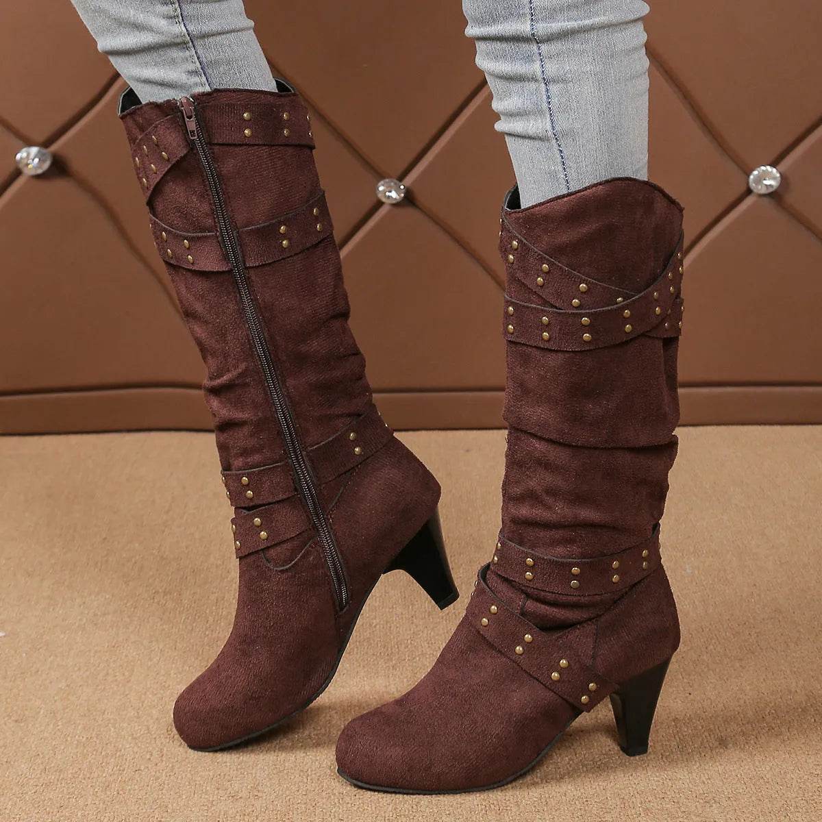 Bottes à talons hauts mode avec lanières croisées et rivets, bottes de cowboy western rétro en V, chaussures décontractées à fermeture éclair pour femmes