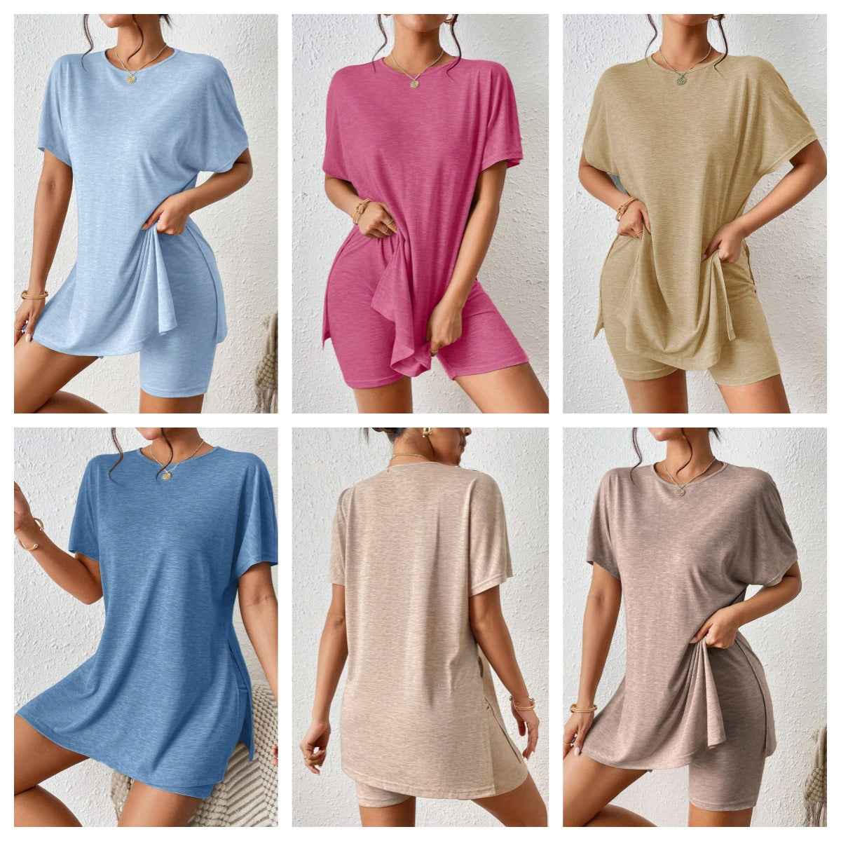 Women's Casual Solid Color Batwing Sleeve Tunic Top & Shorts Two-Piece Set