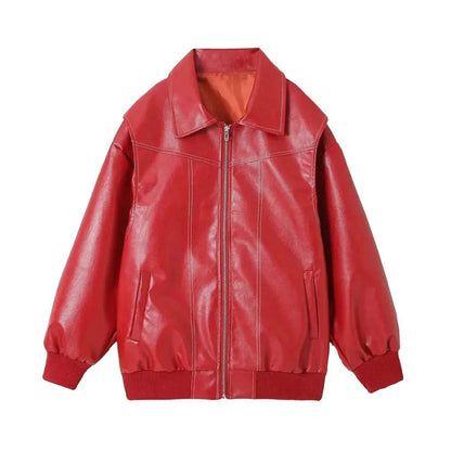 Oversized Fashion Zip-up Lapel Leather Jacket for women