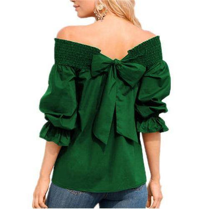 Spring Summer Women Off Shoulder Strapless Blouse top Bowknot Slash Neck Casual Loose Plus Size top