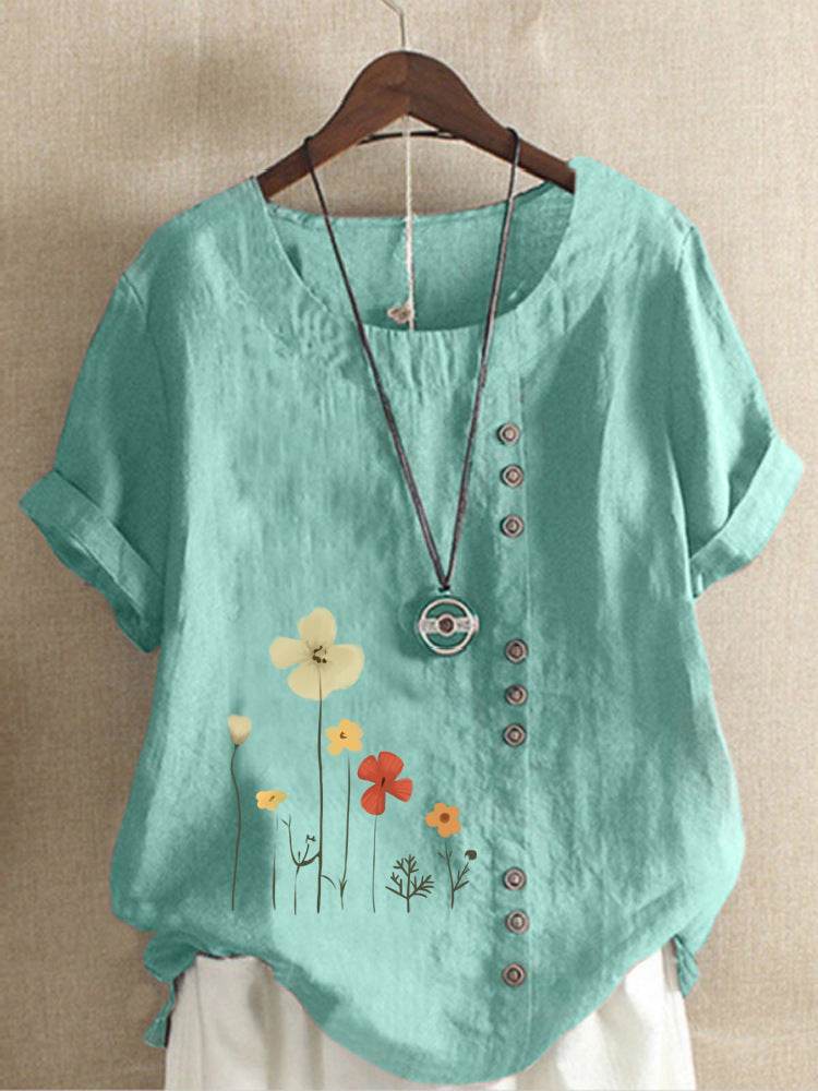 Casual Summer Beach Cotton And Linen Printed Elegant Short Sleeve blouse Top Women