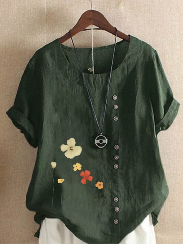 Casual Summer Beach Cotton And Linen Printed Elegant Short Sleeve blouse Top Women