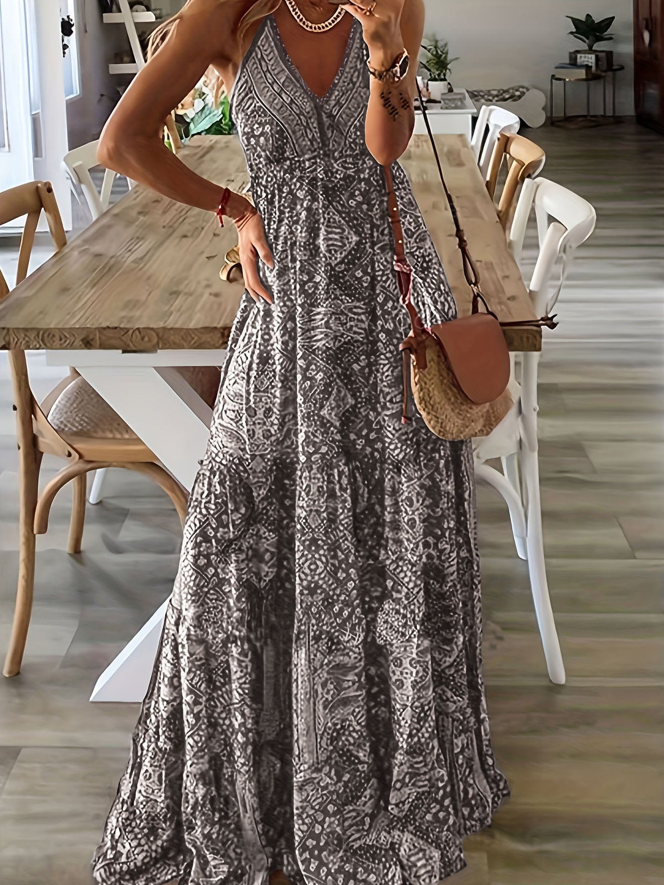 Women's Summer Boho Floral Print High-Waist V-Neck Spaghetti Strap Loose Maxi Dress