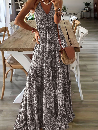Women's Summer Boho Floral Print High-Waist V-Neck Spaghetti Strap Loose Maxi Dress