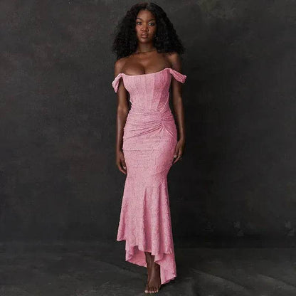 Fashion Off-neck Tube Top Stitching Hip Fishtail Dress for women.