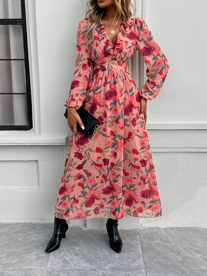 Robe longue imprimée florale à manches longues, décontractée pour les vacances, coupe ajustée, col en V, vêtements pour femmes
