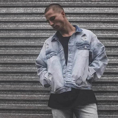 Casual Light Blue Cotton Denim Jacket for Men
