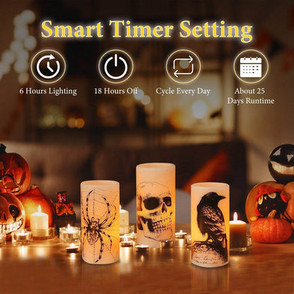 Lot de 3 bougies sans flamme d'Halloween avec minuterie, fonctionnant sur piles, lumières orange chaudes pour la décoration de fête d'Halloween.