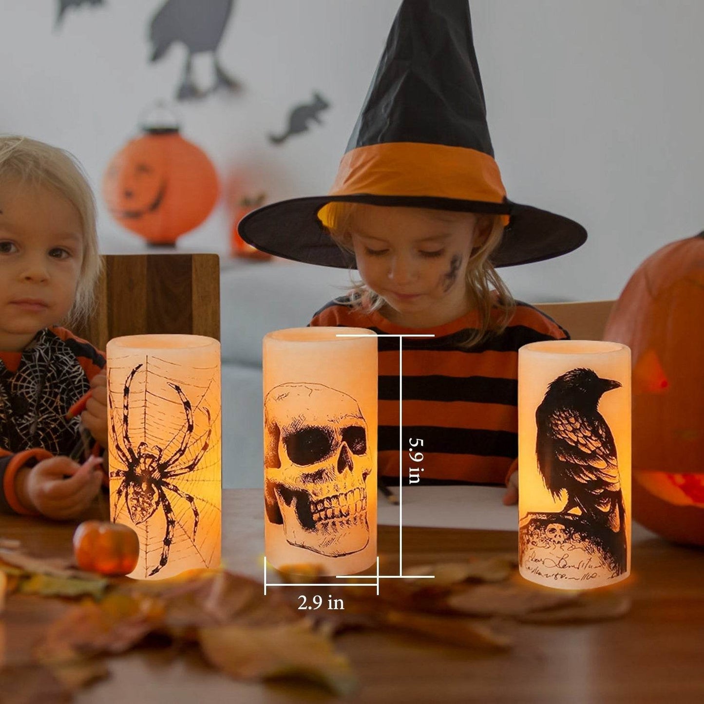Lot de 3 bougies sans flamme d'Halloween avec minuterie, fonctionnant sur piles, lumières orange chaudes pour la décoration de fête d'Halloween.