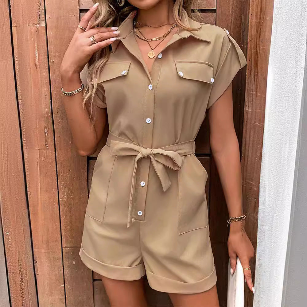 Women's Summer High-Waist Lapel Jumpsuit with Tie and Pockets
