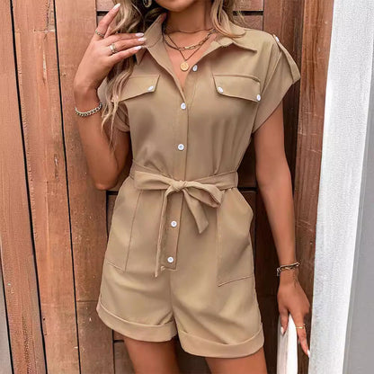 Women's Summer High-Waist Lapel Jumpsuit with Tie and Pockets