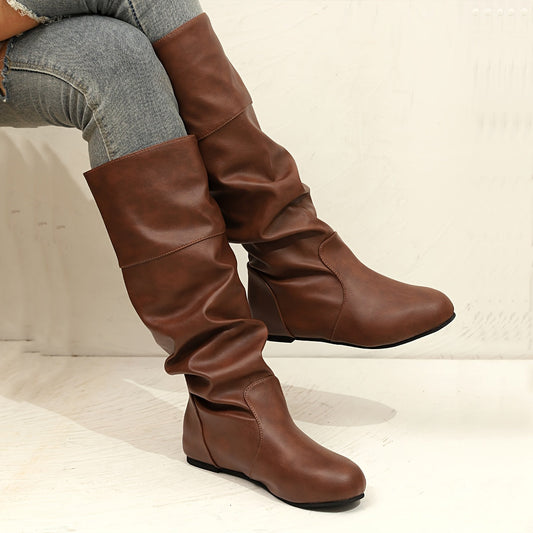 Stylish Western Long Boots for Women - Soft Solid Color Upper, Slip-On Design, Fashionable Cowboy Style, Comfortable Wear, Versatile for Daily Life and Outdoor Activities