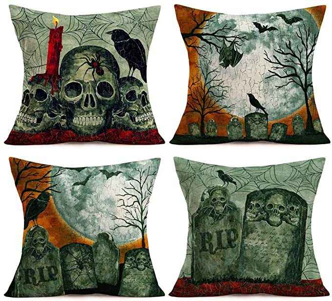 Halloween Skull Throw Pillow Cover – Gray Green Tombstone Cushion Cover