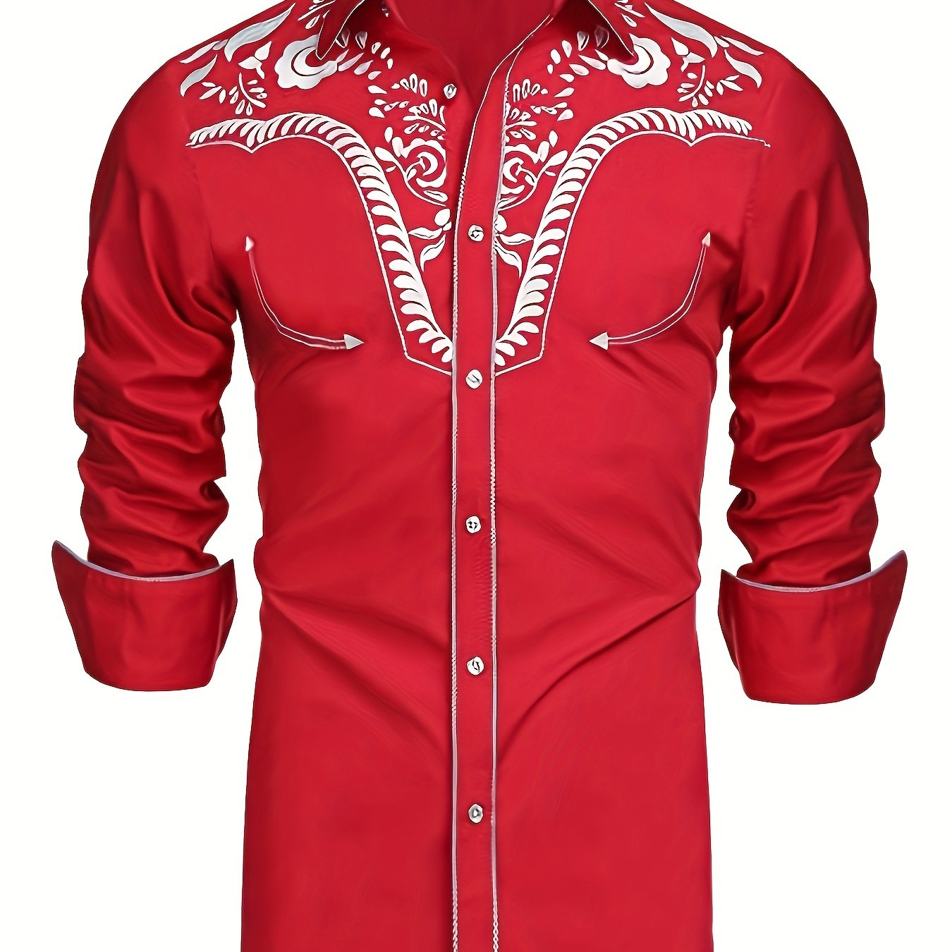 Western Cowboy Chic Long Sleeve Embroidered Shirt - Soft Cotton Blend, Elegant Design, Casual Style for Spring Fall Vacation Resort Wear - Men's Shirt for Outdoor Activities, Travel, and Leisure