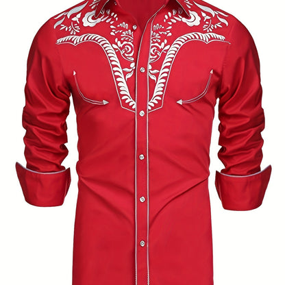 Western Cowboy Chic Long Sleeve Embroidered Shirt - Soft Cotton Blend, Elegant Design, Casual Style for Spring Fall Vacation Resort Wear - Men's Shirt for Outdoor Activities, Travel, and Leisure