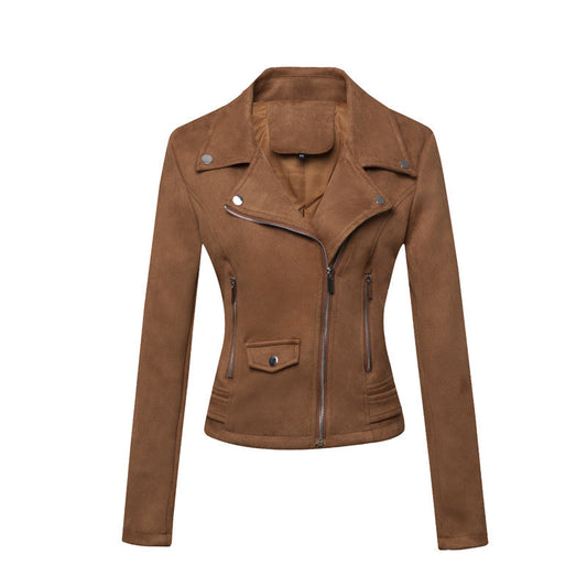 Women’s Slim-Fit Suede Leather Jacket – Short Commuter Motorcycle-Style Outerwear