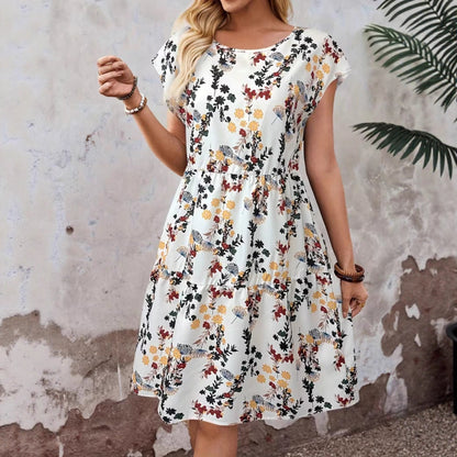 Women's Floral Print Casual Short-Sleeve Crew-Neck Dress – Japanese/Korean Casual Style