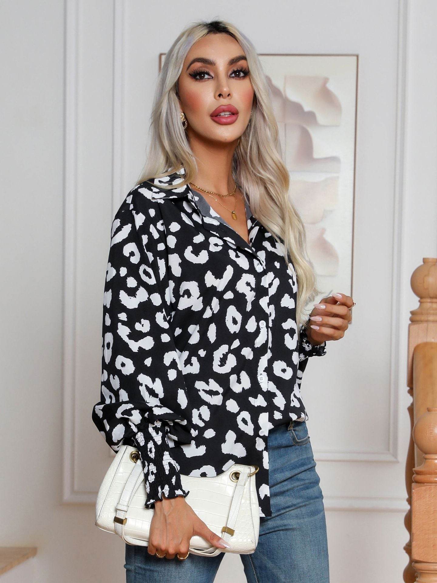 Leopard Print Lantern Sleeve Blouse Shirt top for Women