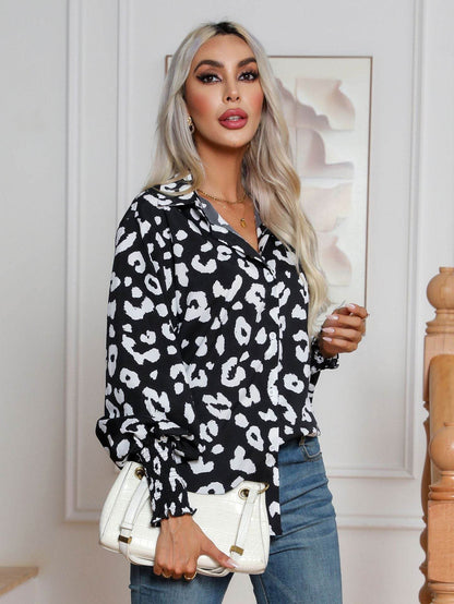 Leopard Print Lantern Sleeve Blouse Shirt top for Women