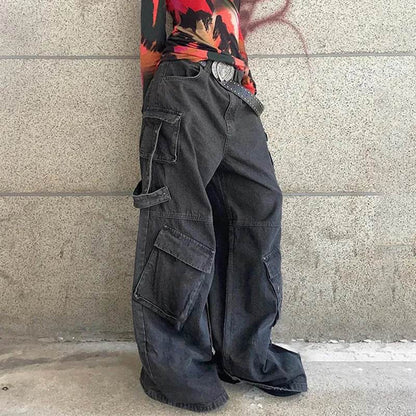 Ribbon Multi-pocket Workwear Baggy Jeans Pant For Women