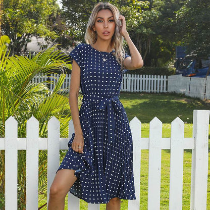 Summer Women Polka Dot Short Sleeve Dress Casual Pleated Midi Dresses Elegant Green Office Lady Clothing