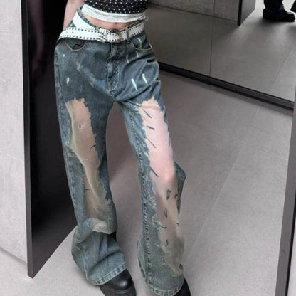 Retro Washed Ripped Baggy Jeans Pant For Women Summer Hollow Out
