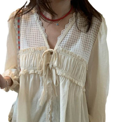 Casual Spring Summer New Retro Elegant V-neck Linen everyday blouse top
