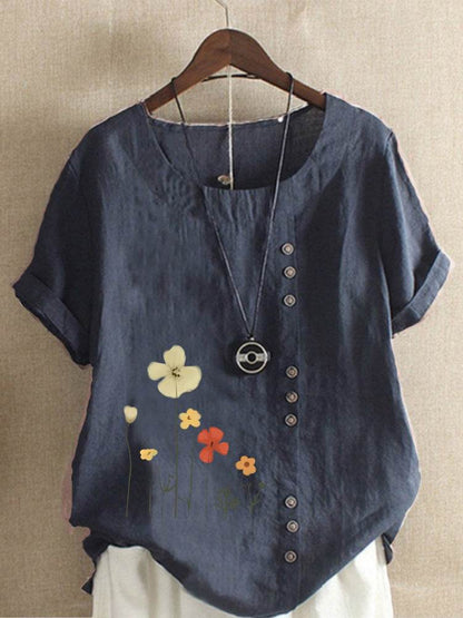 Casual Summer Beach Cotton And Linen Printed Elegant Short Sleeve blouse Top Women