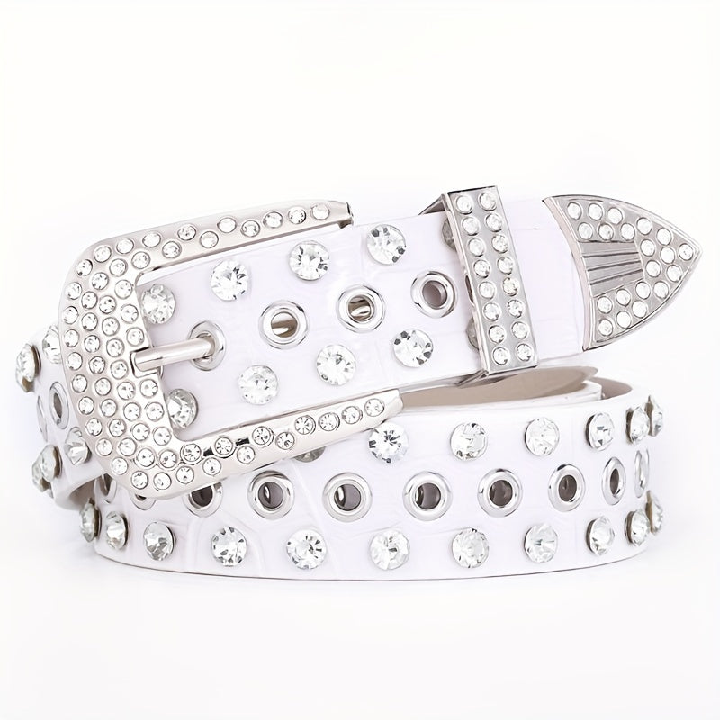 Sparkling Hollow Out Rhinestone Belt Solid Color PU Leather Belt Hip Hop Jeans Pants Belt Y2K Cowboy Cowgirl Belt For Women & Men
