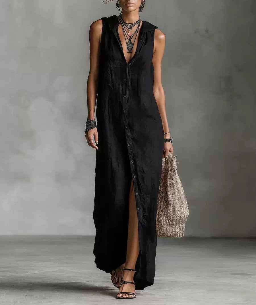 Women's Hooded Sleeveless Button-Down Split Maxi Dress – Casual Vacation Long Dress for Spring & Summer