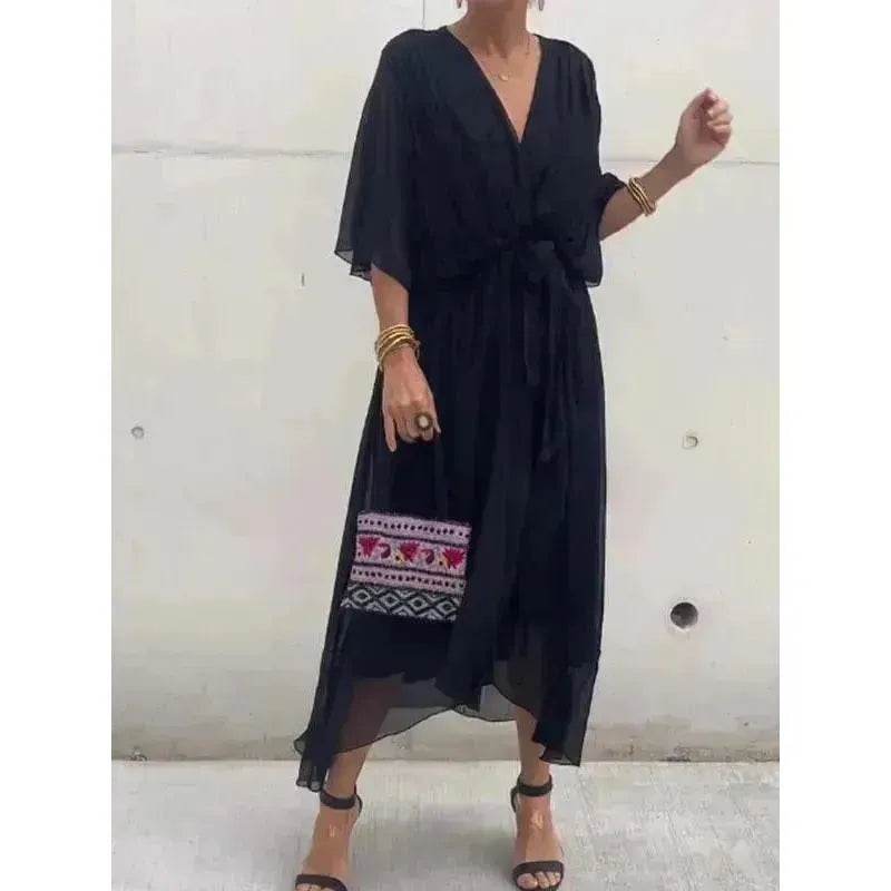 Batwing Sleeve V-neck Dress Summer Pure Color Tied Irregular Wrap Midi Dresses for Women