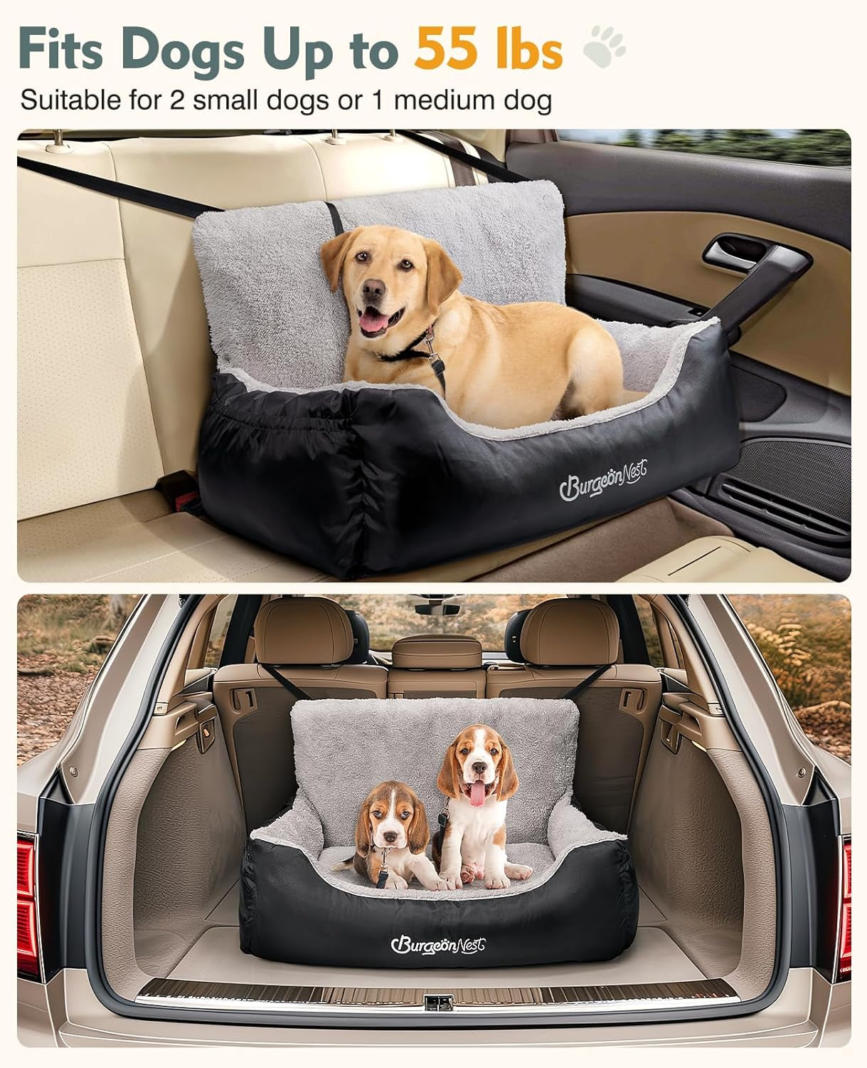Dog Car Seat for Medium/Large Dogs under 55 Lbs, Soft Pet Car Travel Home Bed, Fully Detachable and Washable Booster Carseats with Storage Pockets and Clip-On Leash Portable Carrier,Black