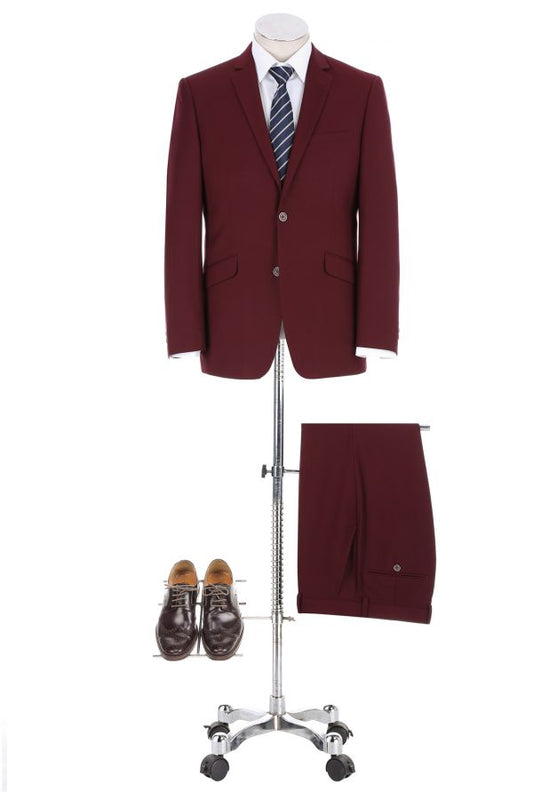 CRÉEZ VOTRE ENSEMBLE : Costume ajusté bordeaux (L'ensemble comprend un costume 2 pièces, une chemise, une cravate ou un nœud papillon, une pochette assortie et des chaussures)