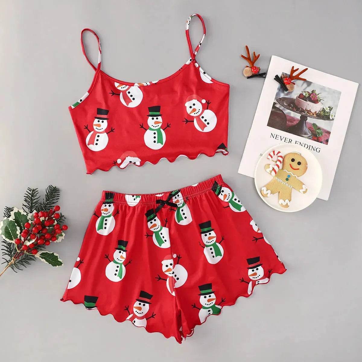 Pyjama de Noël européen et américain pour femme - Débardeur et short - Soie de lait - Simple et décontracté - Deux pièces - Vêtement d'intérieur