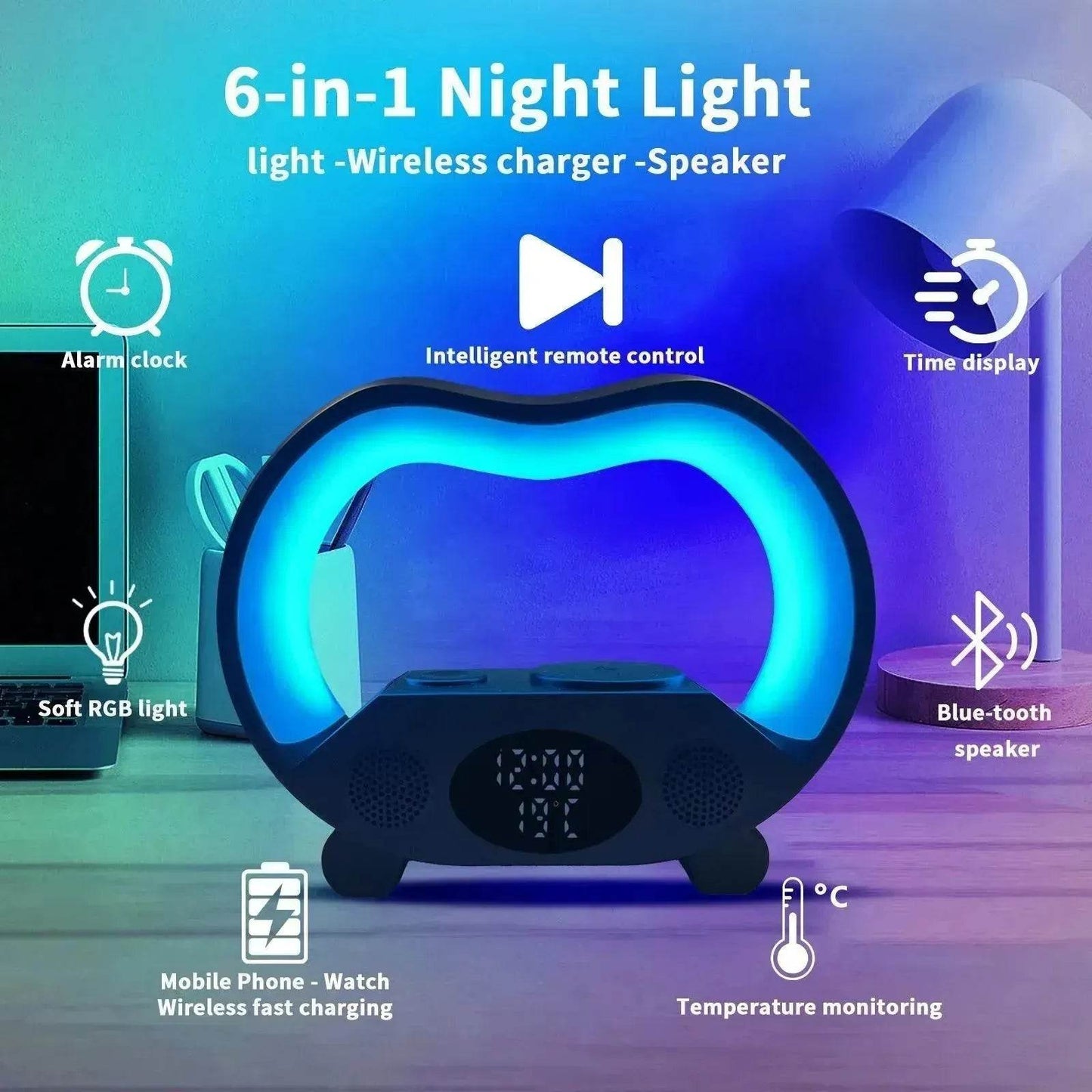 Lampe de table LED Chargeur sans fil multifonction Veilleuse Haut-parleur Bluetooth