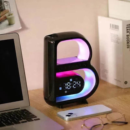 2025 New B-Shaped Portable Bluetooth Speaker Multifunctional Smart Music Rhythm LED Lighting Phone Wireless Charger TF Card AUX Input Standard Mode