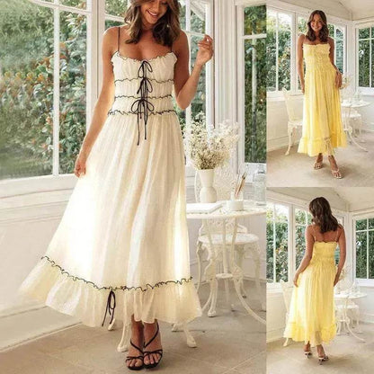 2025 Summer Suspender Spaghetti Strap Long Dresses With Bow Pleat Design Fashion Sweet Bow Beach Dress For Womens Clothing