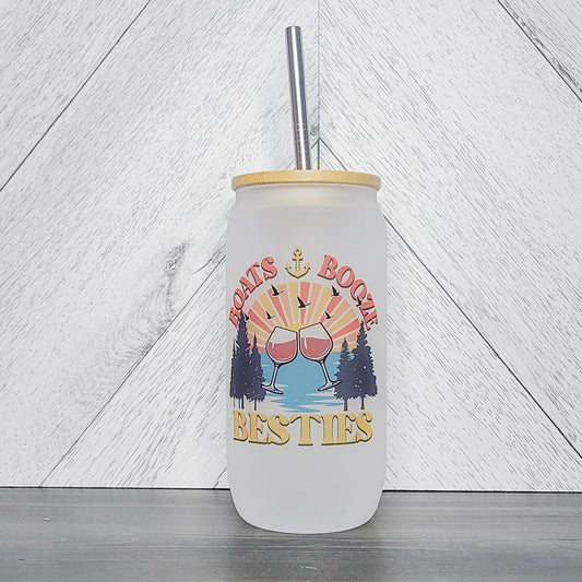 Boats, Booze, Besties Glass Can with Bamboo Lid