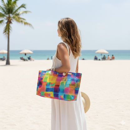 Sac de voyage « weekender » avec des carrés abstraits aquarelle colorés | Grand sac fourre-tout de voyage lumineux
