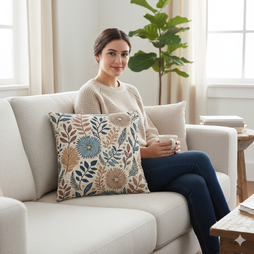 Boho Floral Woven Pillow | Textured Daisy Leaves Decorative Throw Pillow